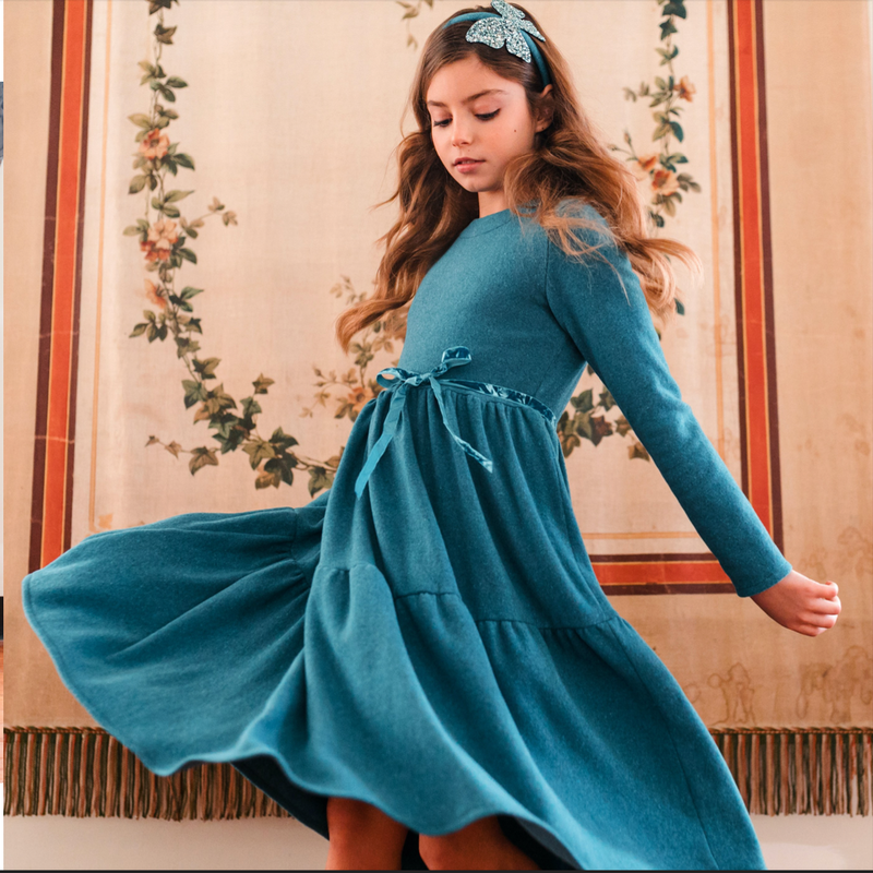 Teal wool dress with fur Jacket Set